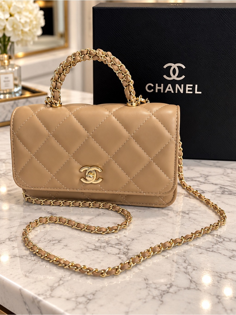 Quilted Top-Handle Shoulder Bag in Camel